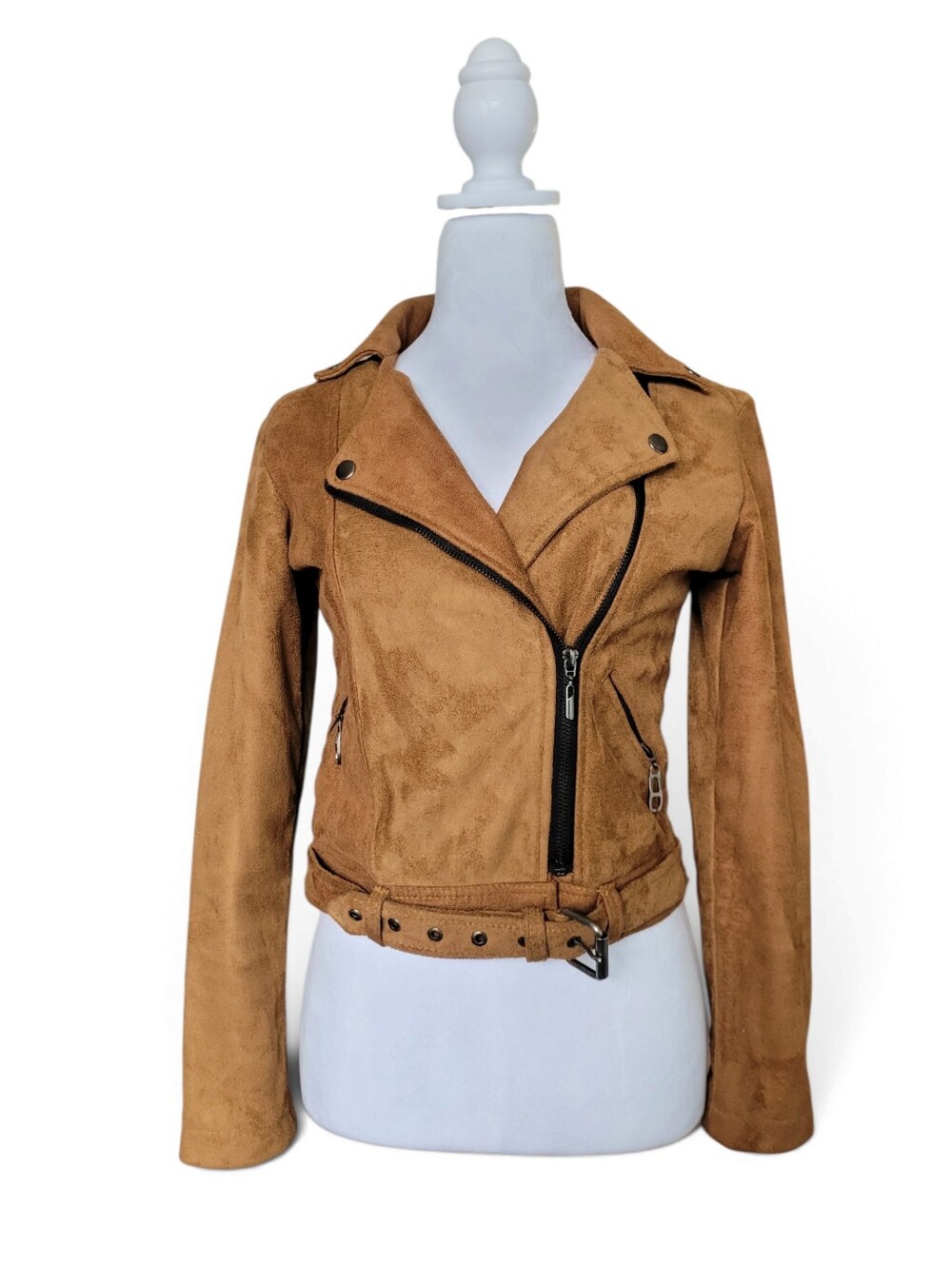 Colombian Faux Suede Motorcycle Jacket in Tan  size small